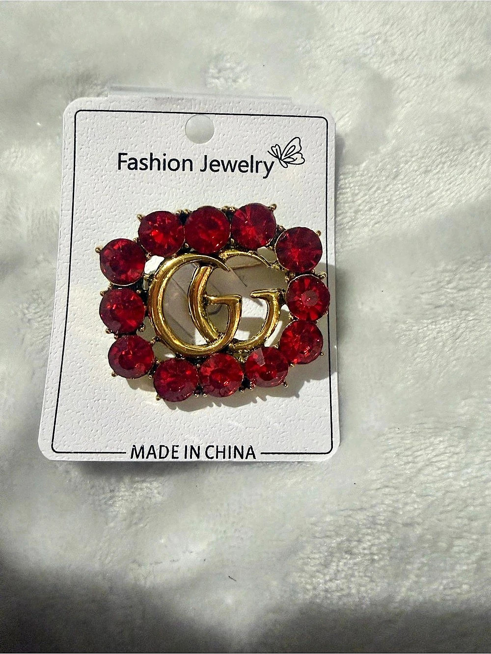 Red & Gold Rhinestone Brooch W/ Gold Tone Hardware